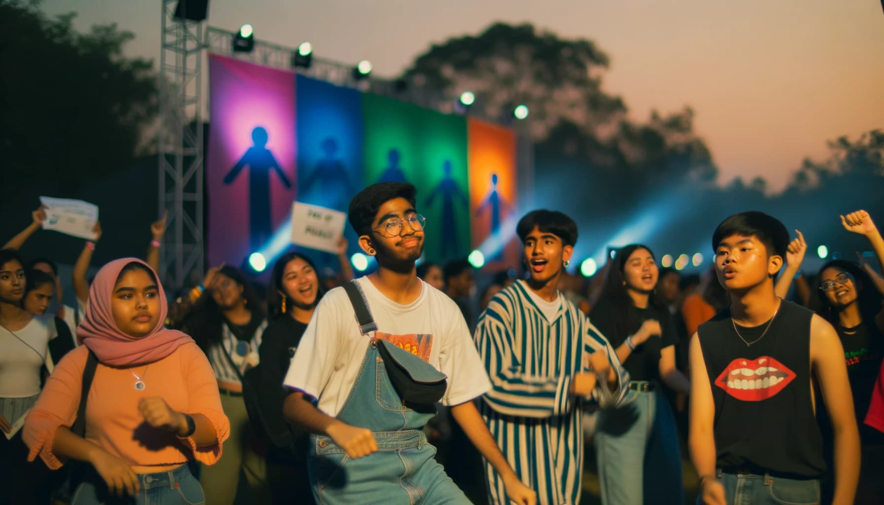 Crowd at a festival blending music and social activism under evening lights
