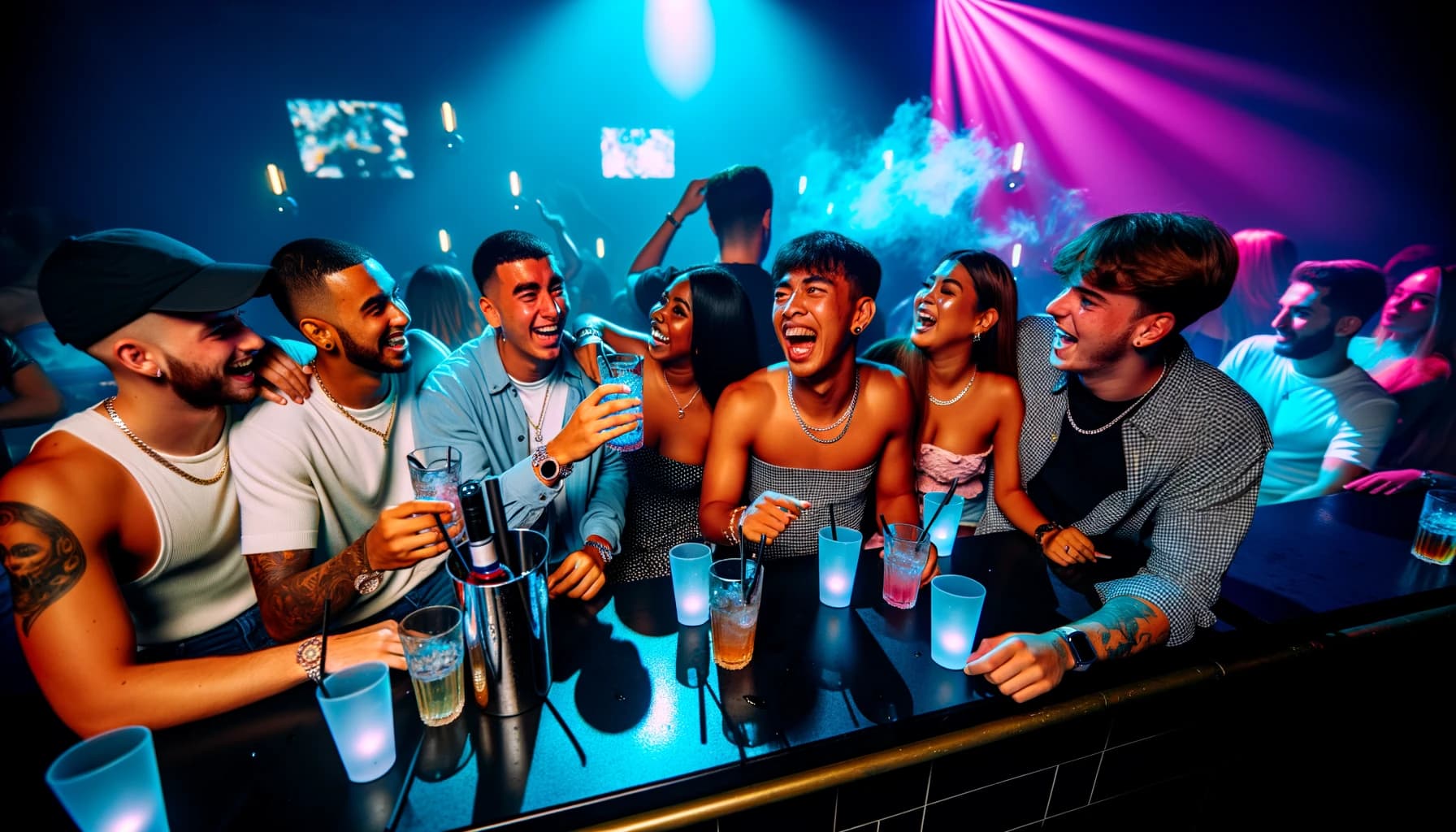 Group of friends enjoying a night out in a lively nightclub setting