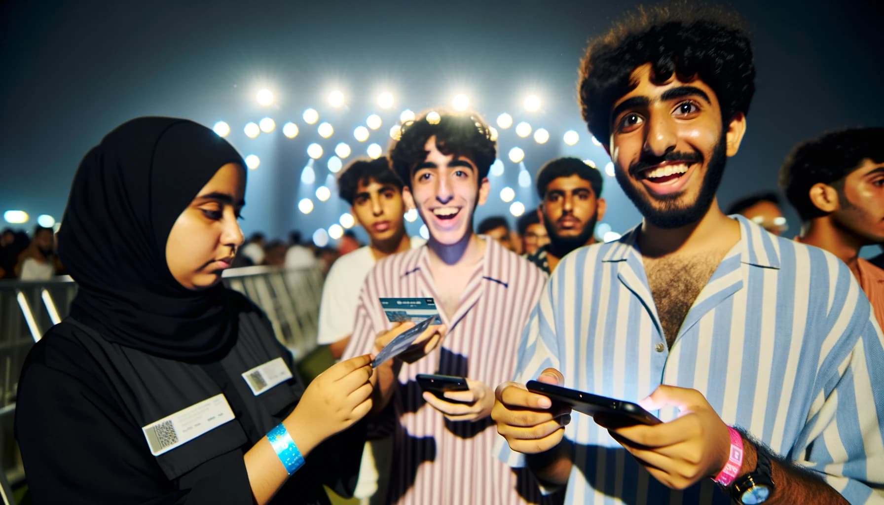 Young people entering a music festival with tickets on phones
