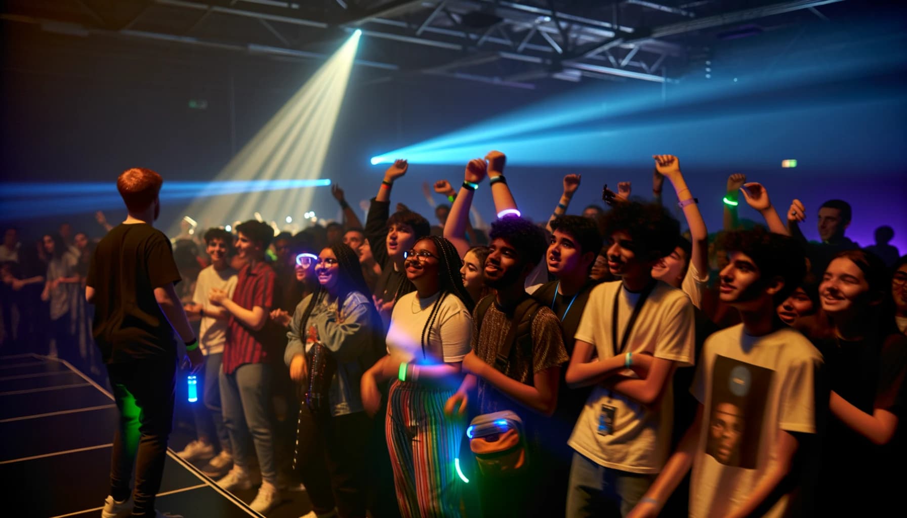 Energetic crowd at an interactive concert with colorful lights and direct performer engagement
