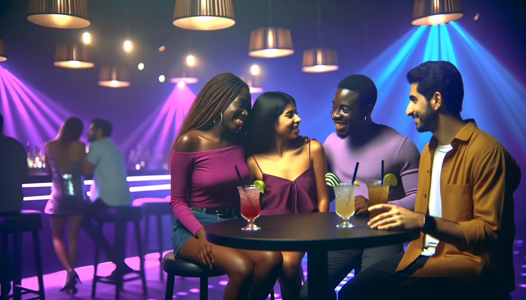 Young people socializing and making friends at a bustling nightclub bar