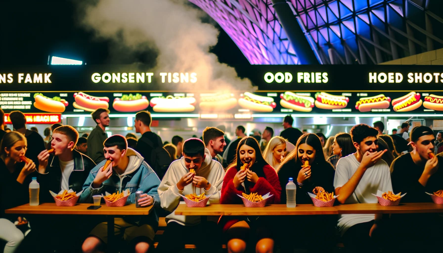 Young concert-goers enjoying must-try food at a lively venue