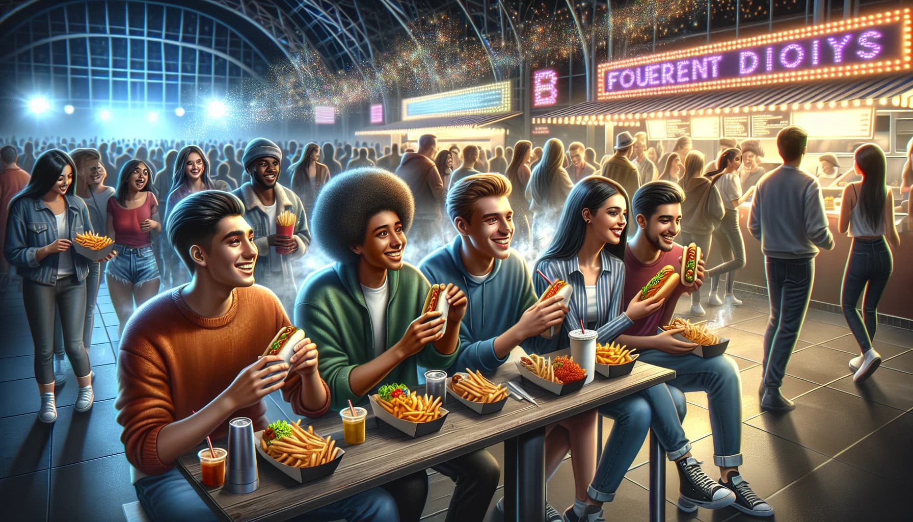 Young concert-goers enjoying must-try food at a lively venue
