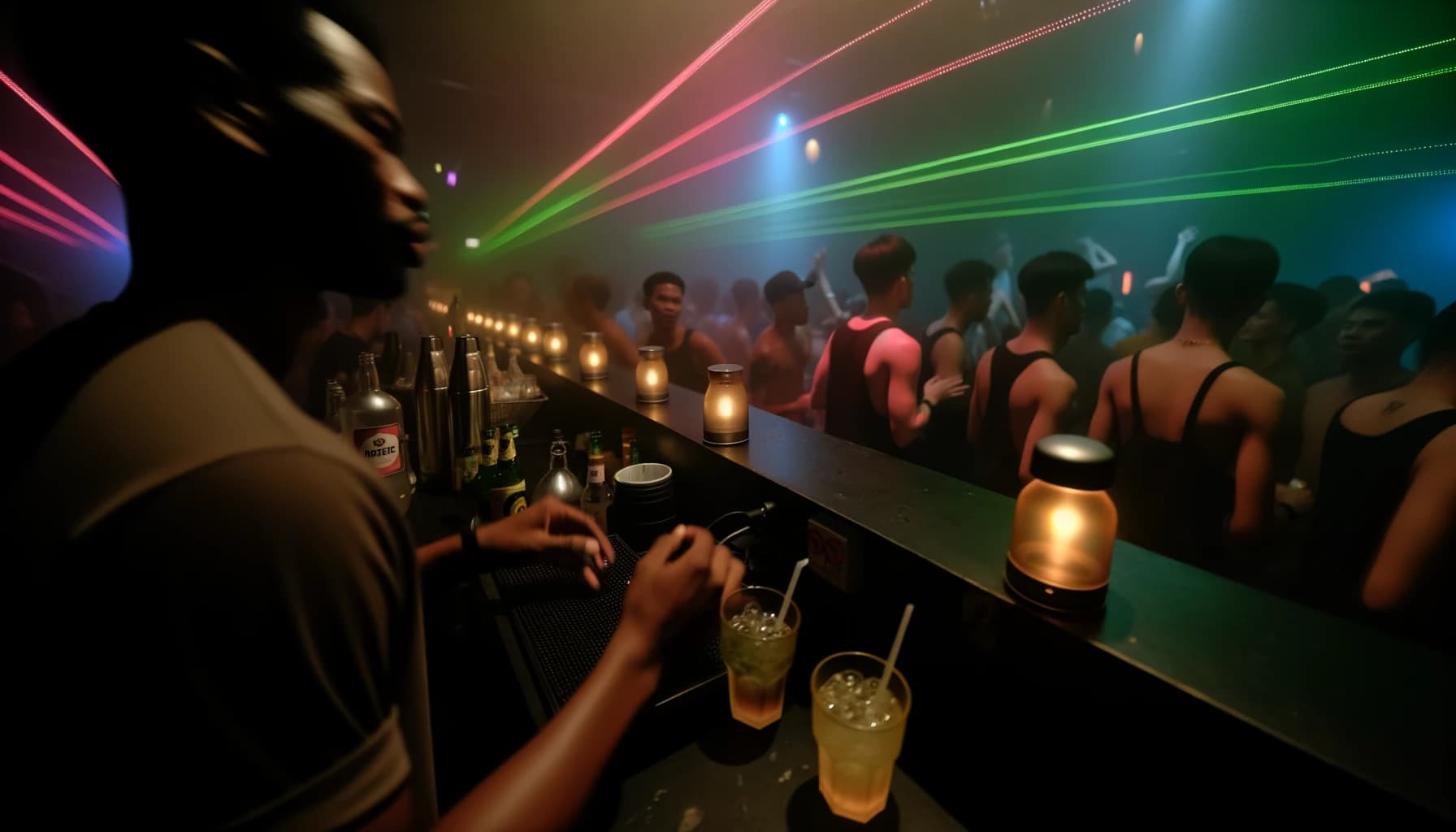 Crowded nightclub scene with dancers under colorful lights
