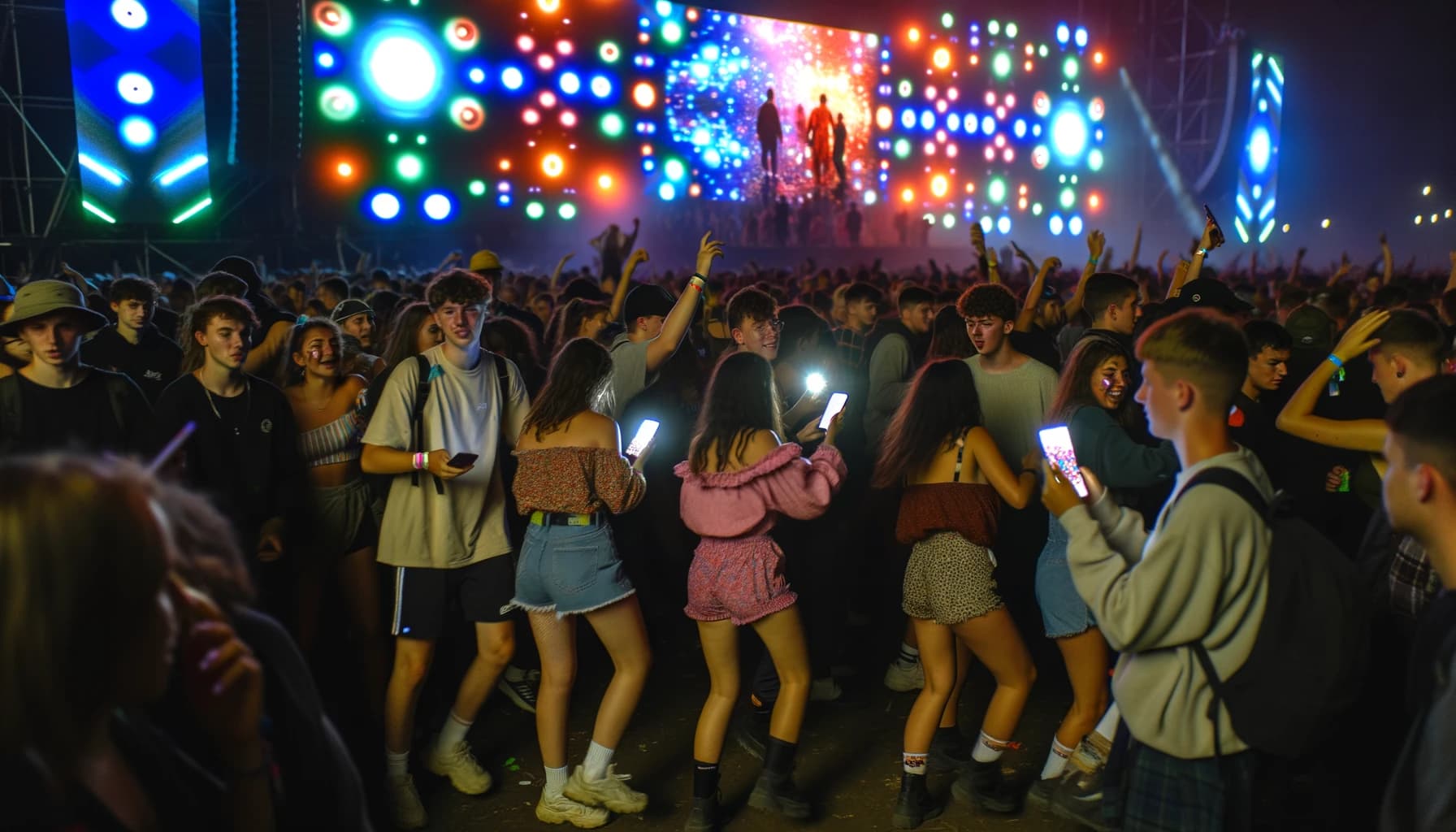 Crowd at music festival interacting with NFTs on phones under stage lights