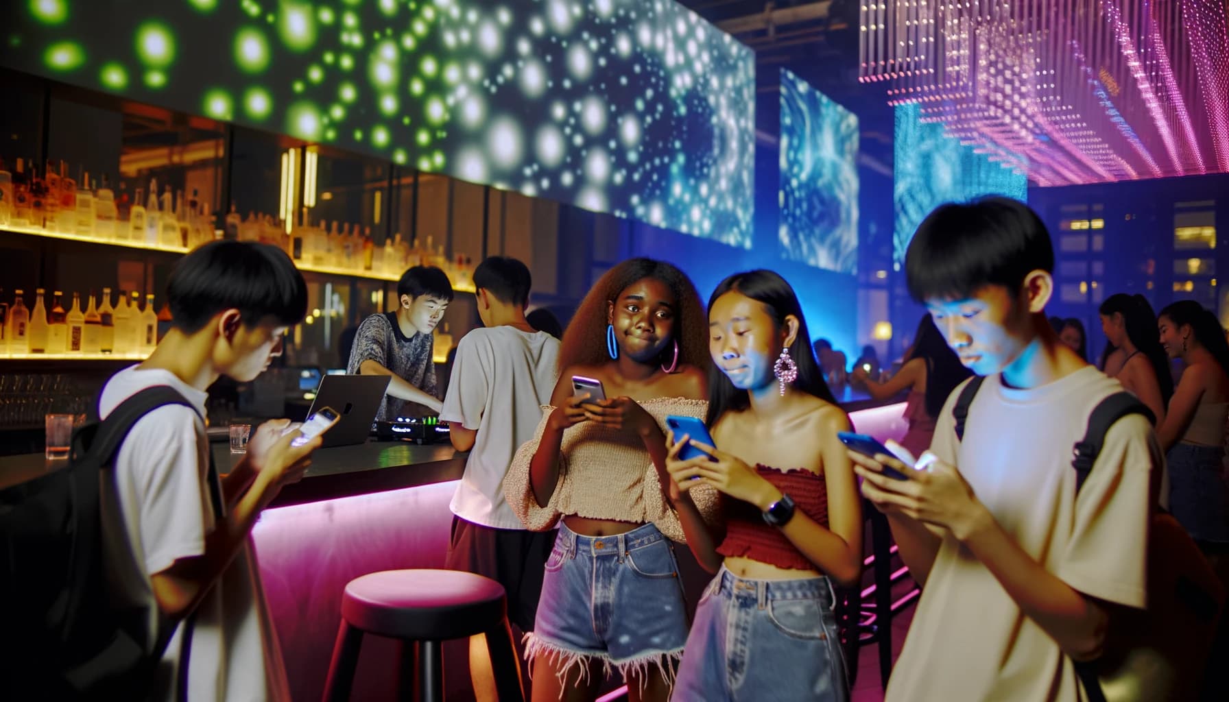 Crowd in a nightclub engaging with NFT displays on phones under colorful lights