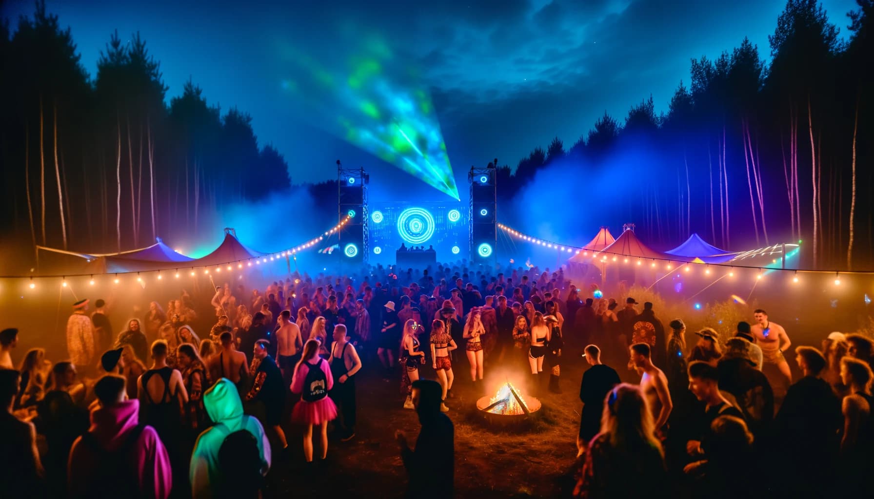 Crowd dancing at a niche nighttime festival with lights and music