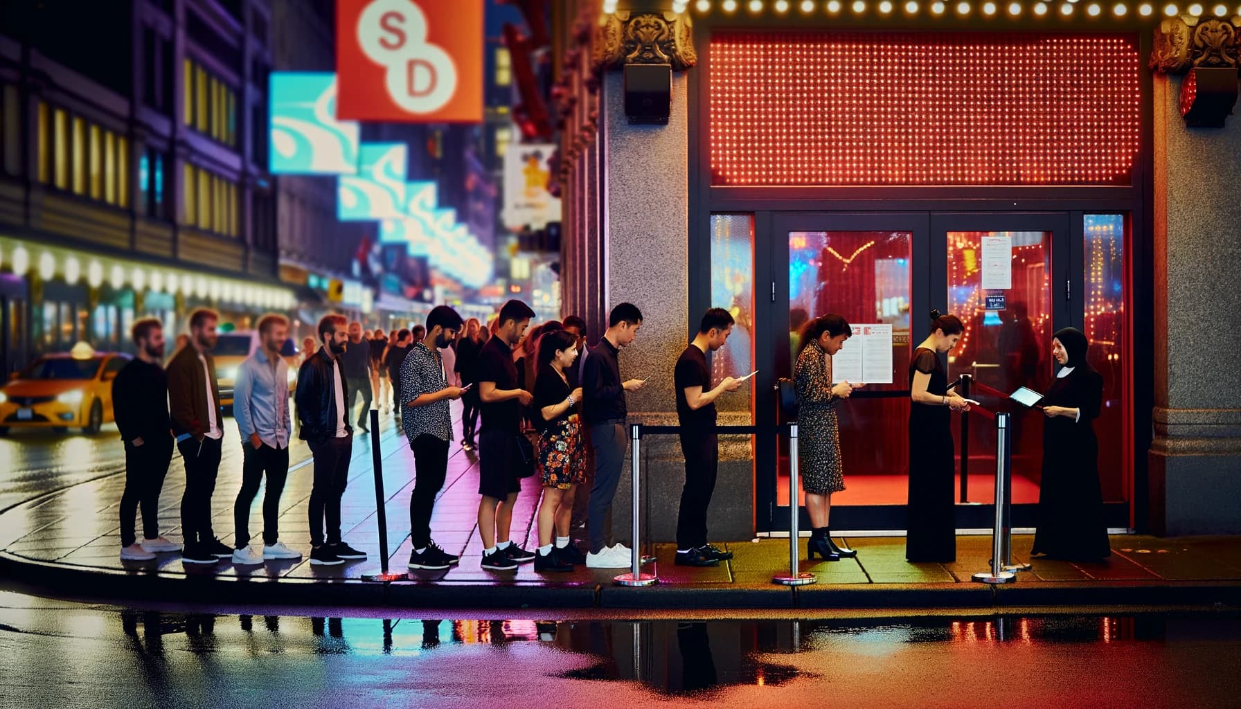 Young people lining up at a nightclub entrance under neon lights