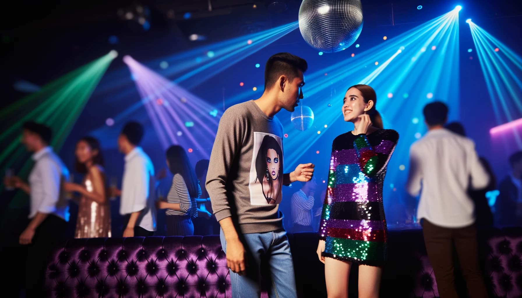 Diverse group dancing in a nightclub showcasing fashion evolution from retro to modern styles under colorful lights