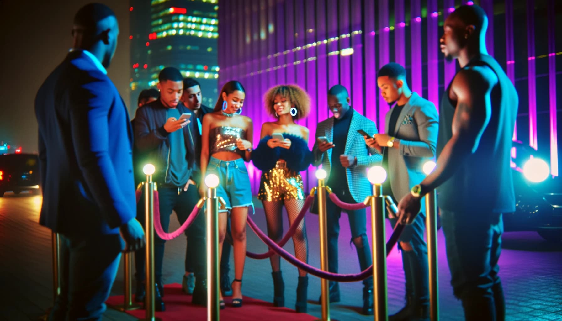 Group of friends at nightclub entrance using reservation hacks