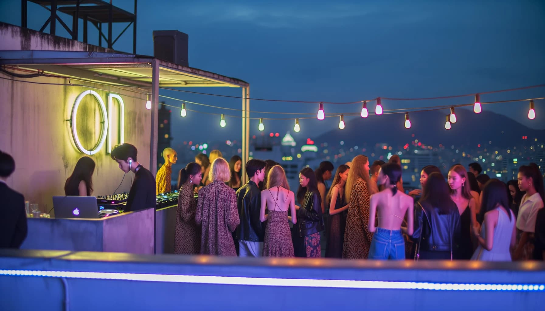 Rooftop nightclub with city skyline view at night