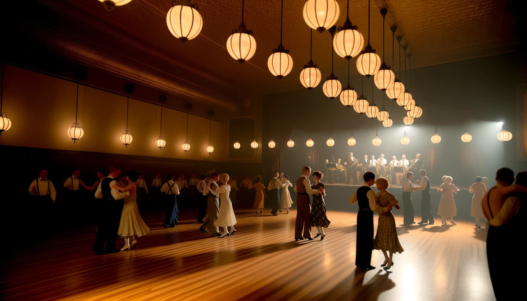 Historical dance hall scene with people dancing under chandeliers
