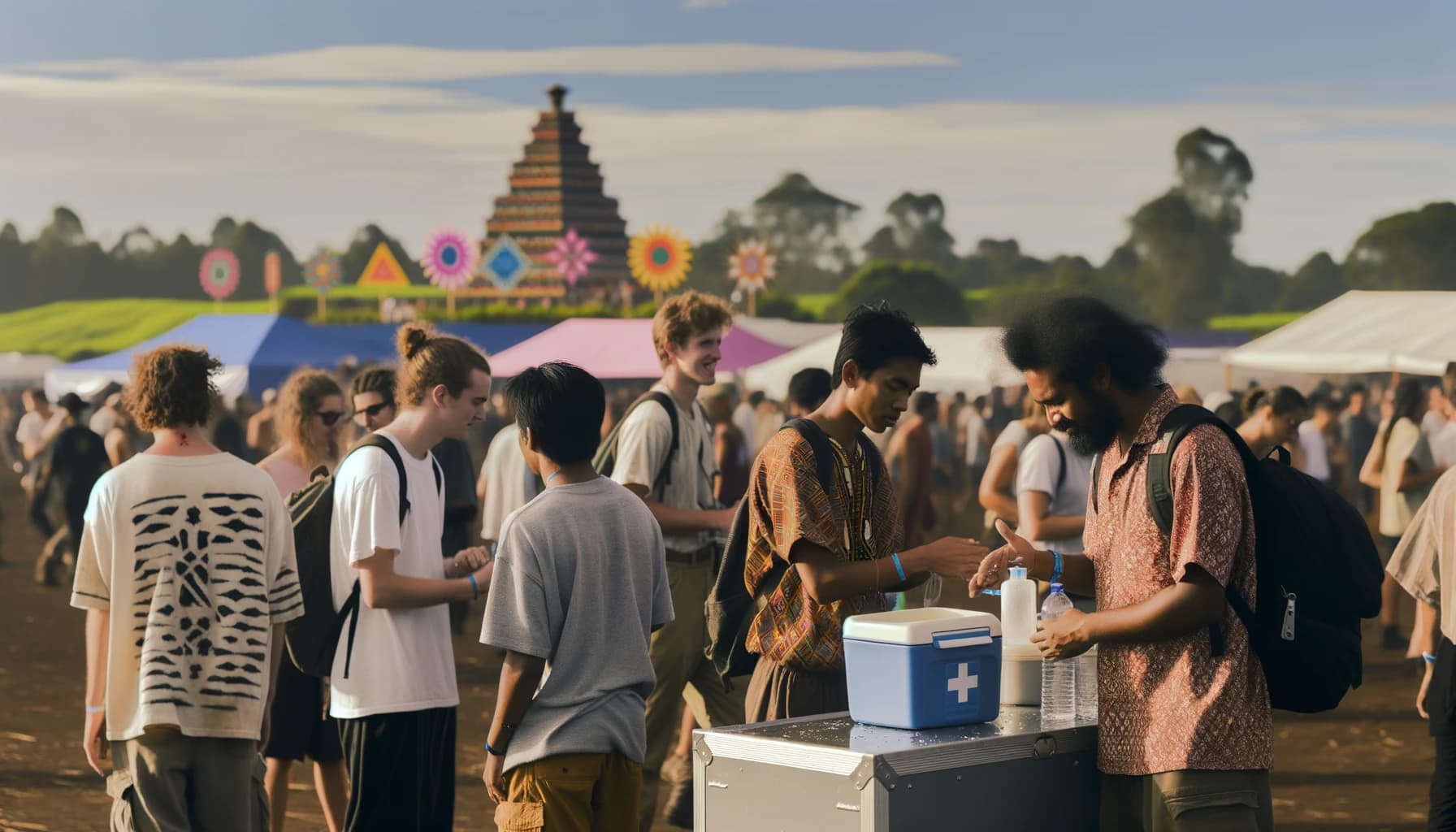 Young festival-goers maintaining hygiene in an outdoor setting