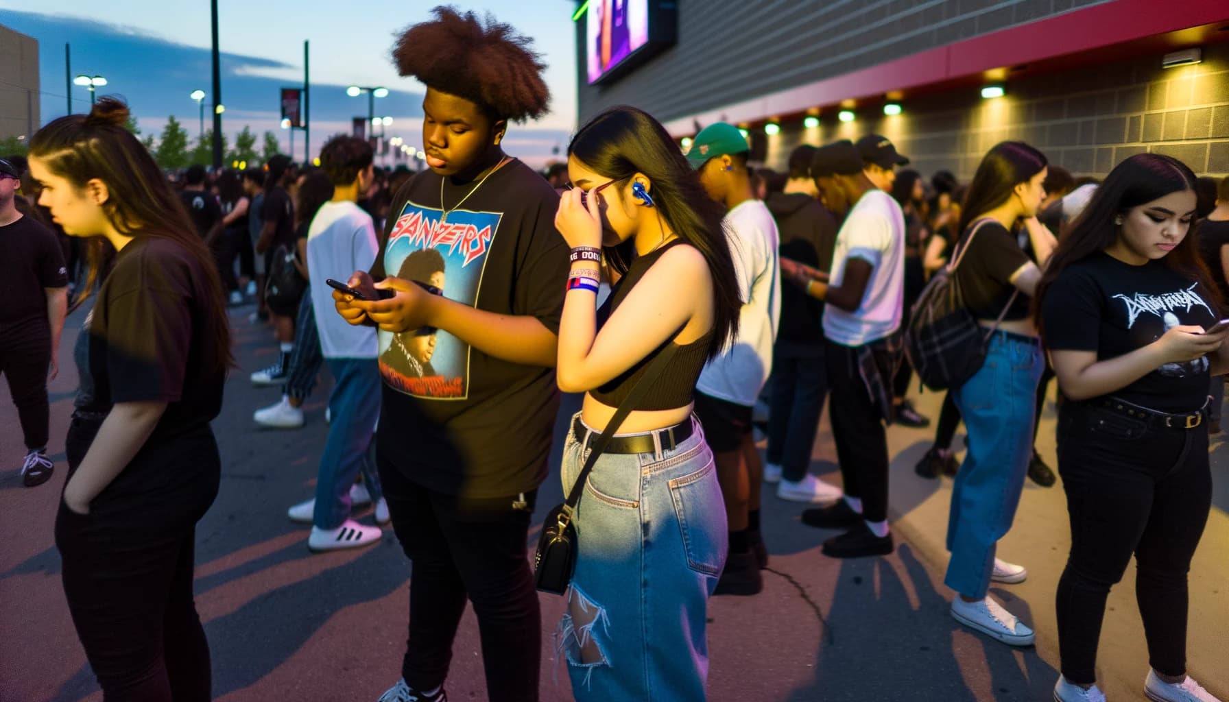 Young friends preparing outside a concert venue