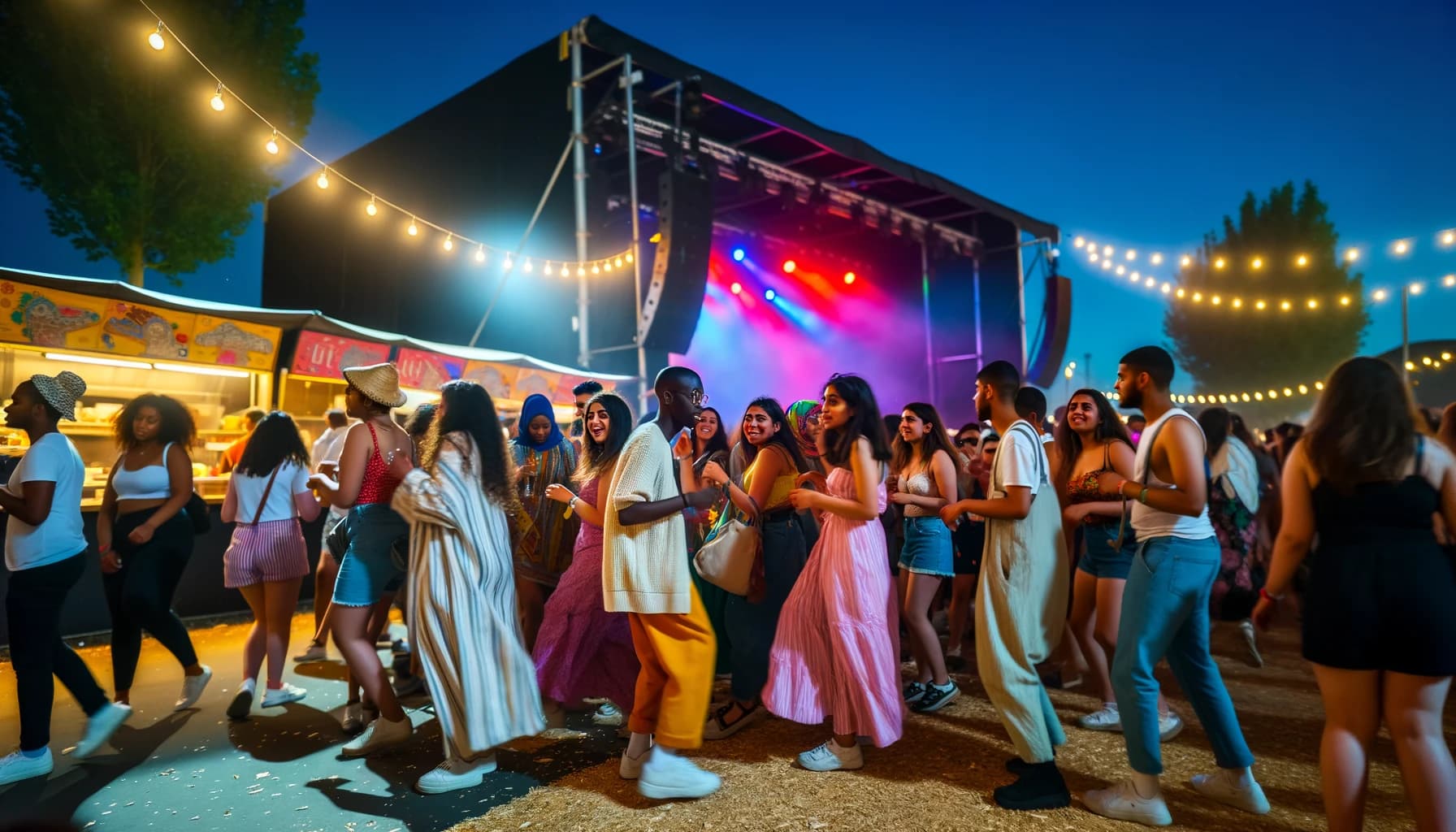 Crowd of festival-goers enjoying music and community under stage lights at night