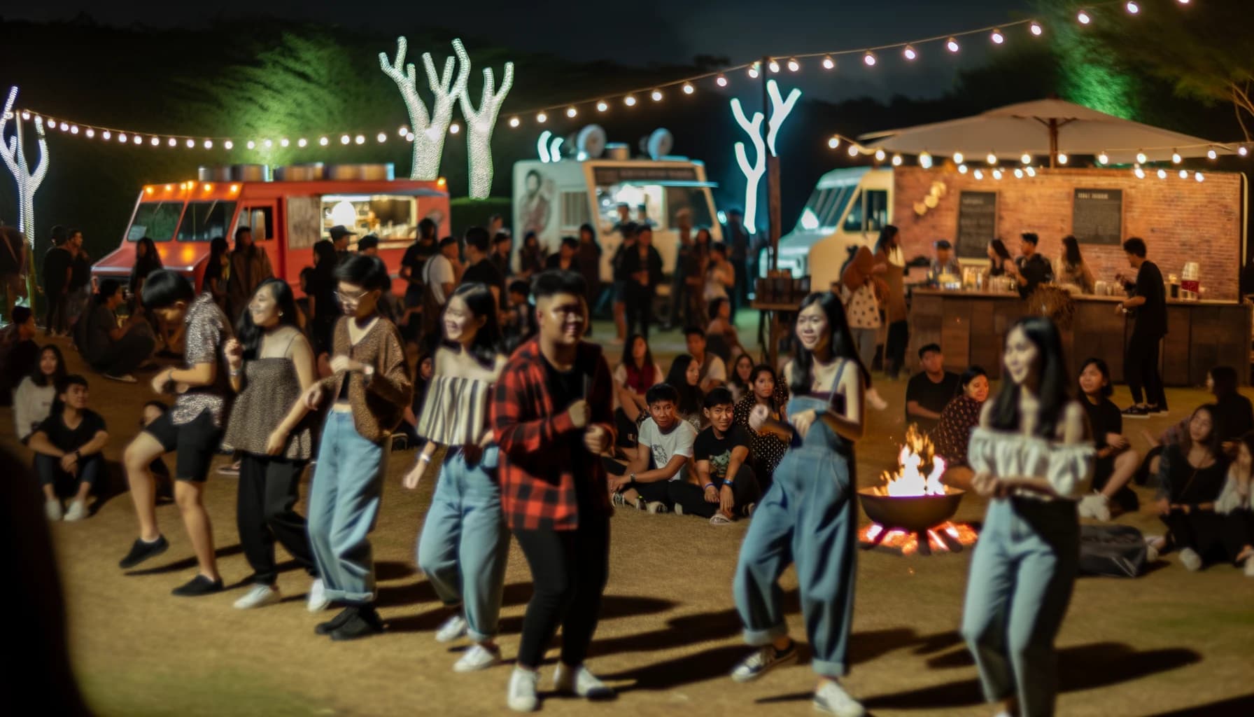 Crowd enjoying a micro festival at night with lights and music