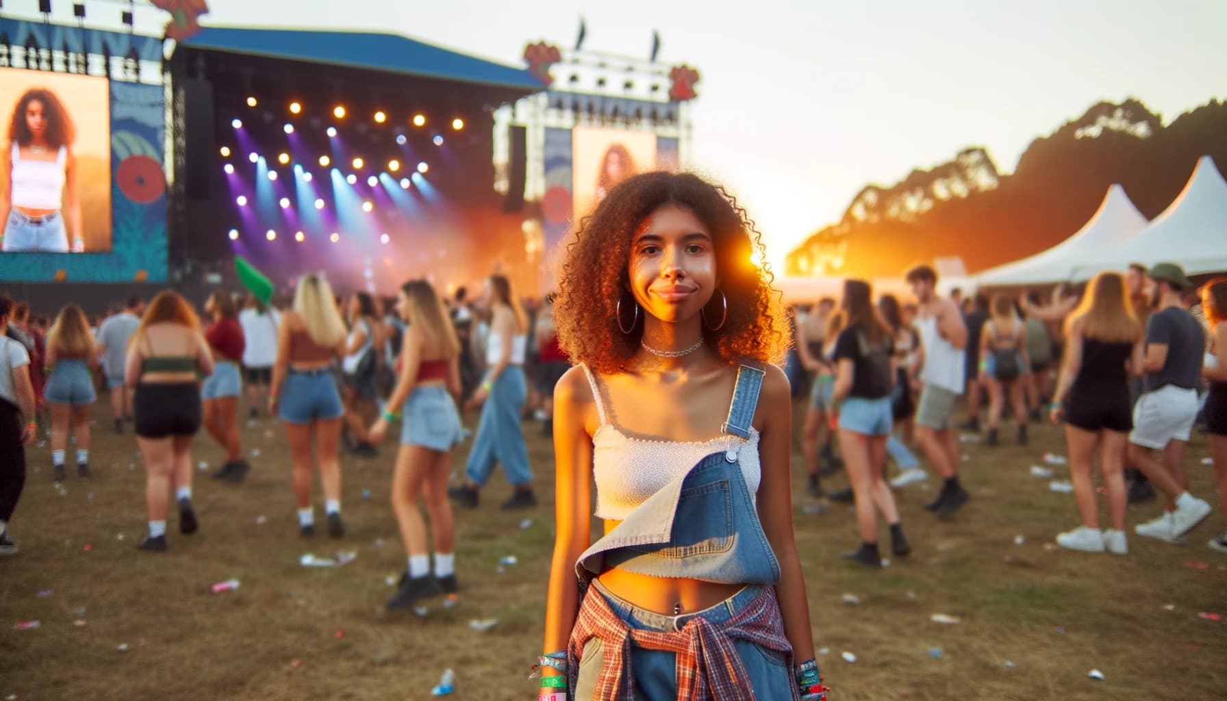 Confident solo festival-goer enjoying the crowd at sunset