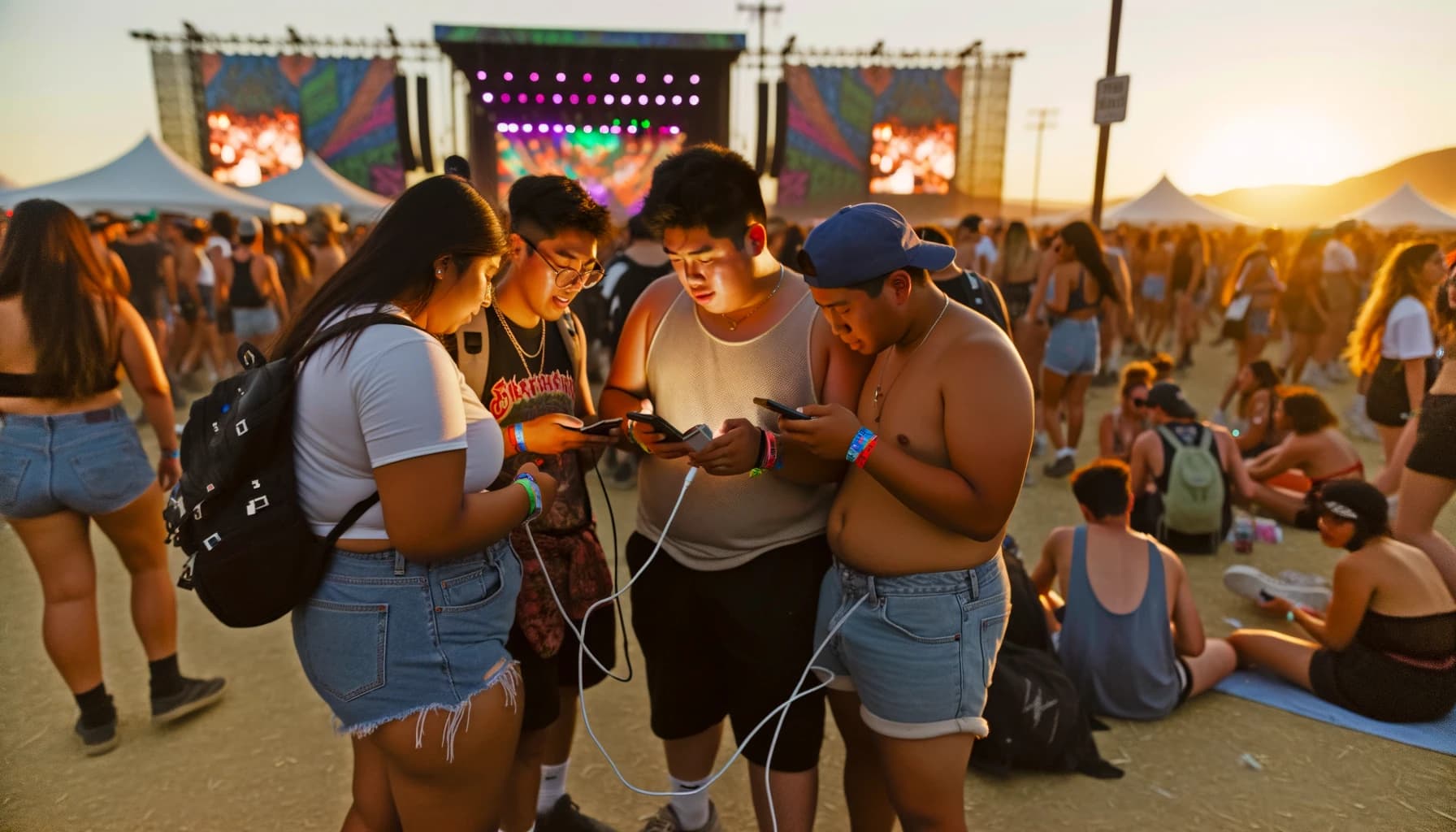 Group of friends connecting at a music festival