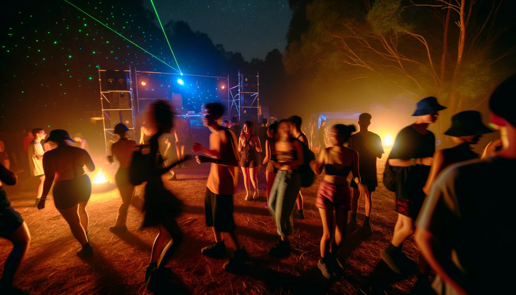 Crowd dancing at a hidden gem festival under colorful lights at night