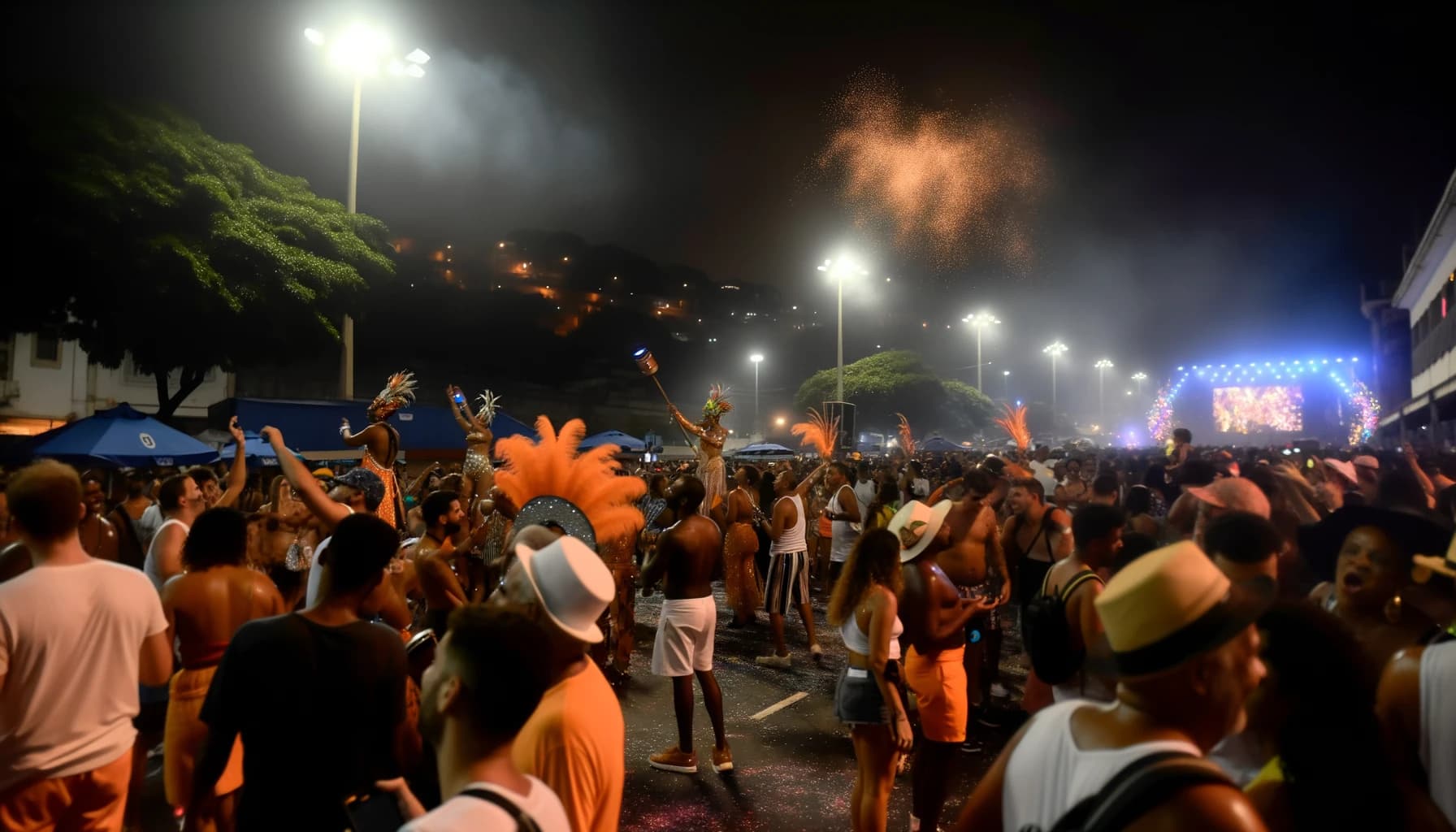 Vibrant crowd at a nighttime international festival with colorful lights and dancers