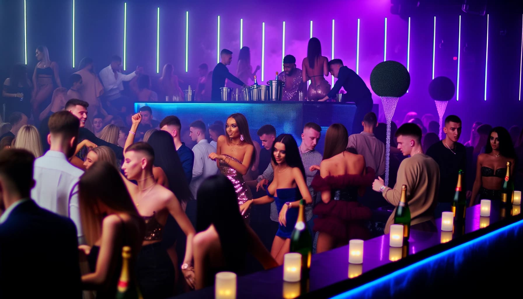 Lively nightclub scene with celebrities and dancers under colorful lights
