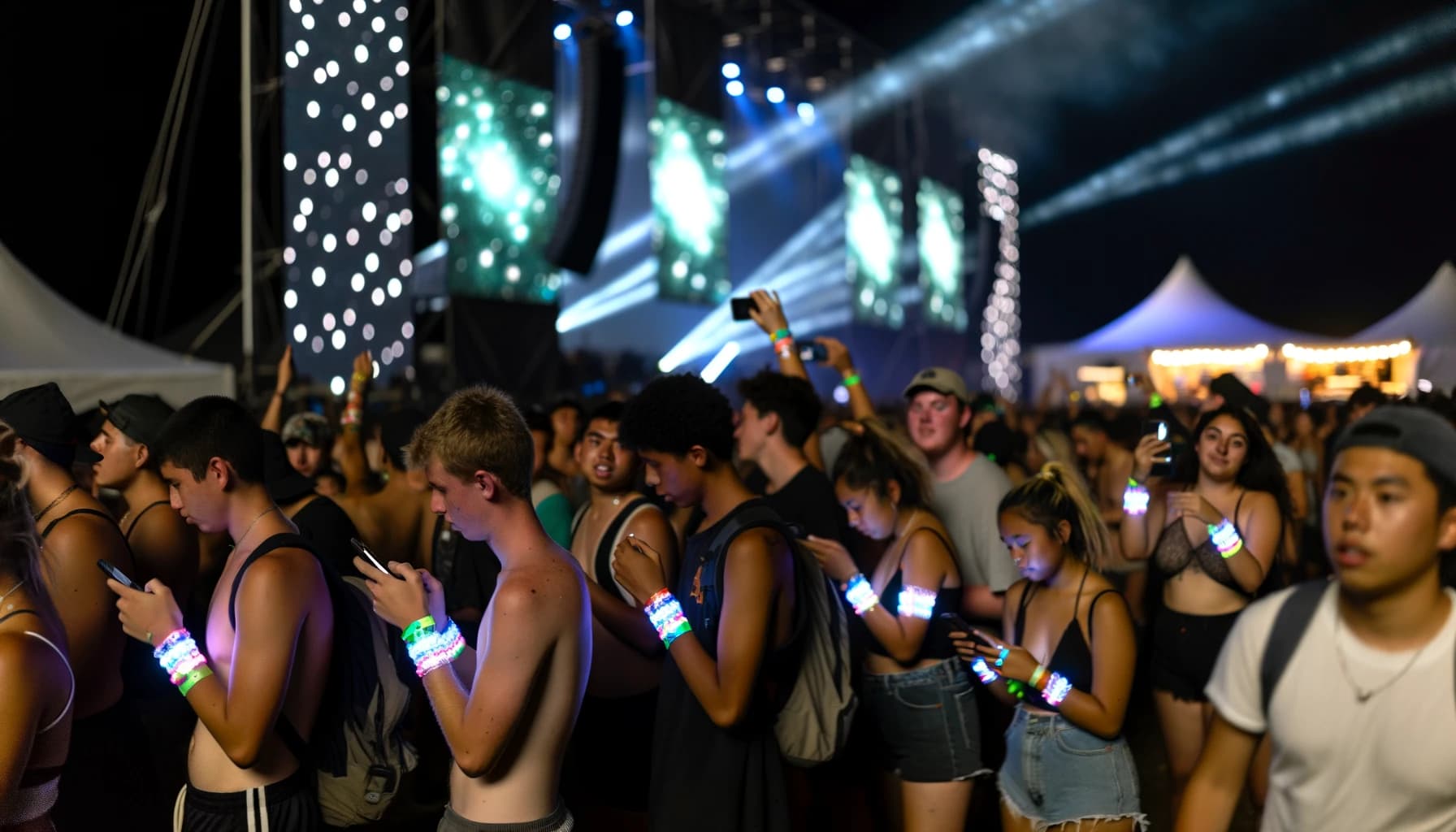 Crowd at music festival with glowing LED wristbands and stage holograms