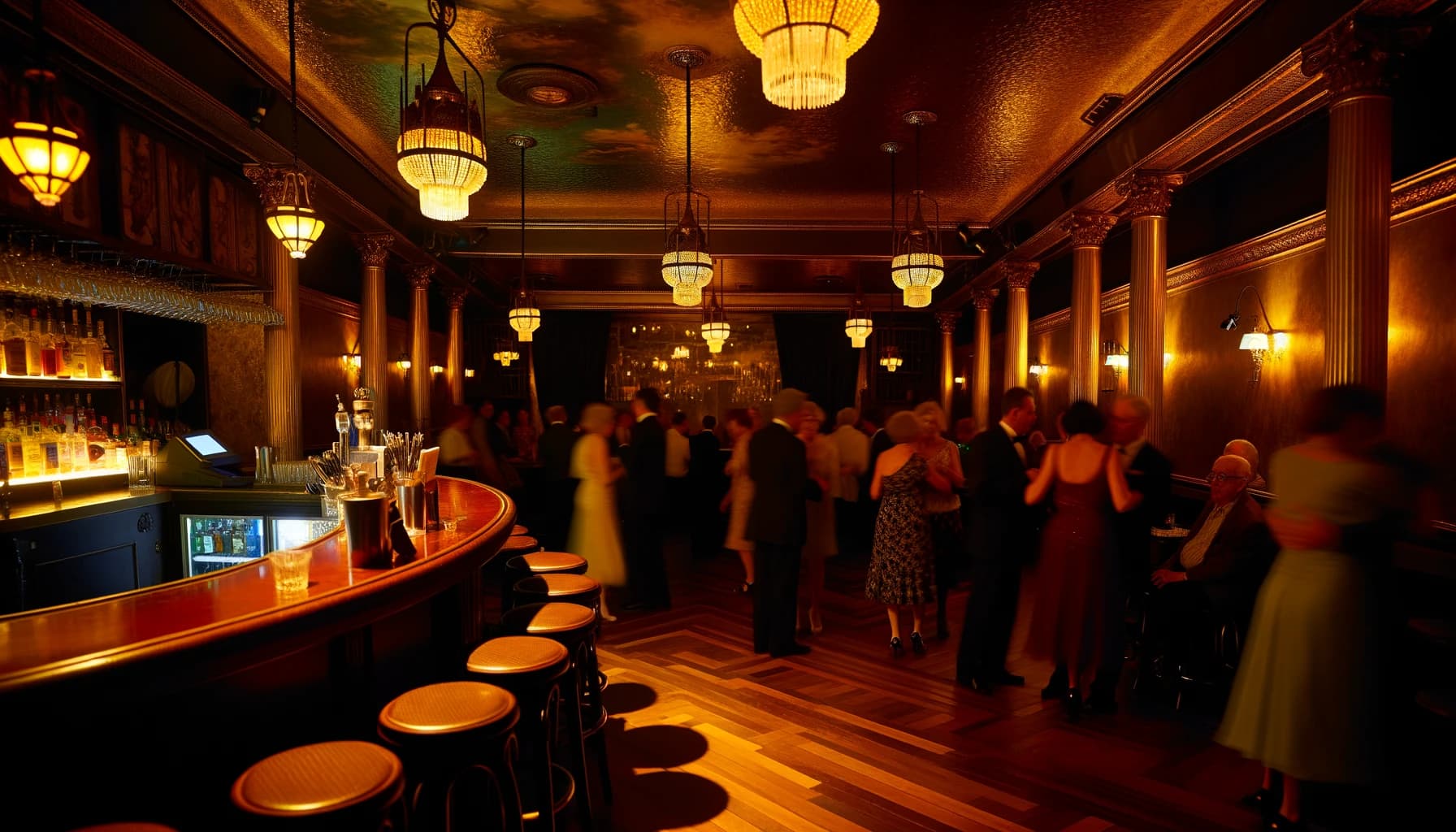 Crowd dancing in a historic 1920s-style nightclub with chandeliers and warm lighting