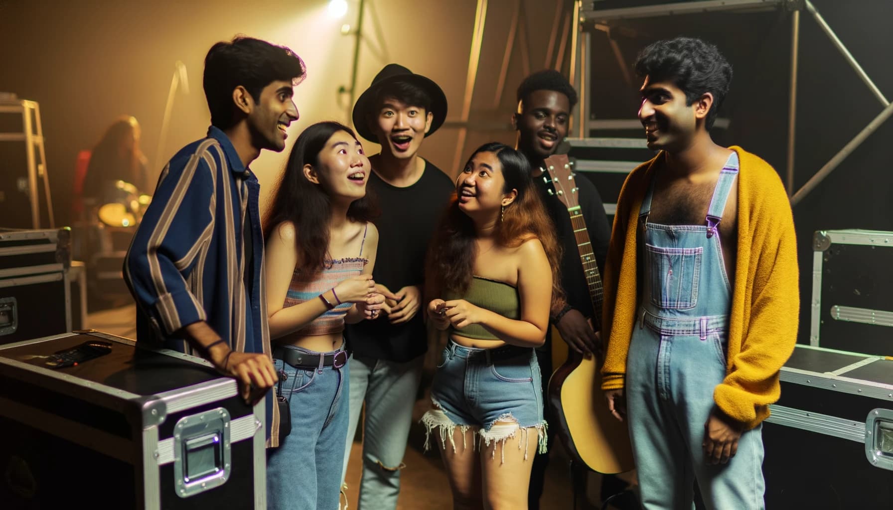 Group meeting musician backstage at concert