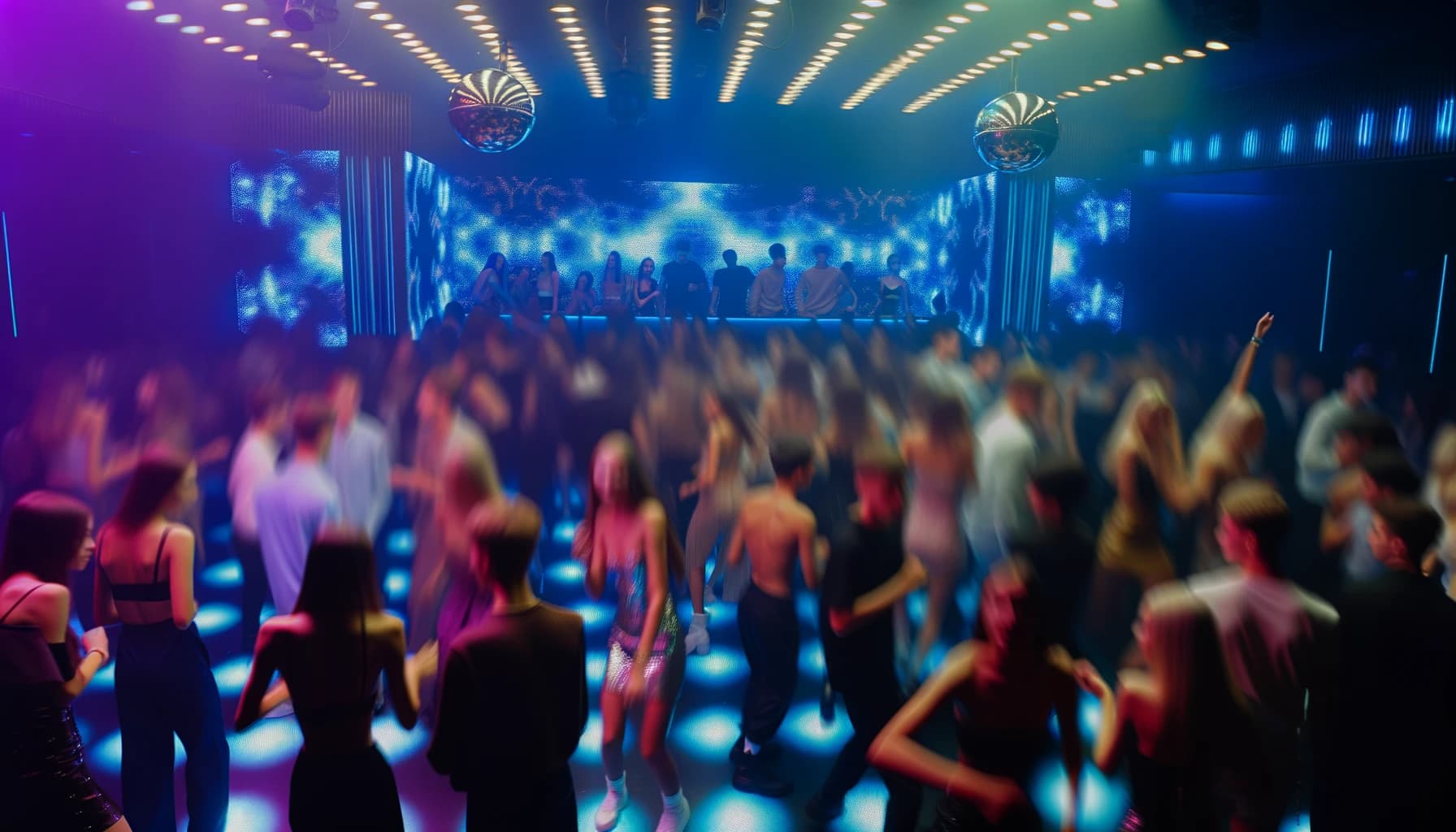 Crowded futuristic themed nightclub with dancers under neon lights